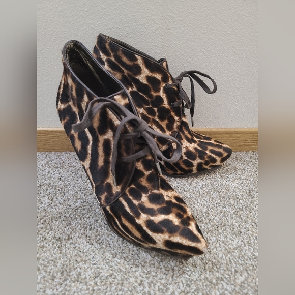 Lanvin Platform Stiletto Leopard Print Leather Calf Hair Ankle Boots Booties - Picture 2 of 8